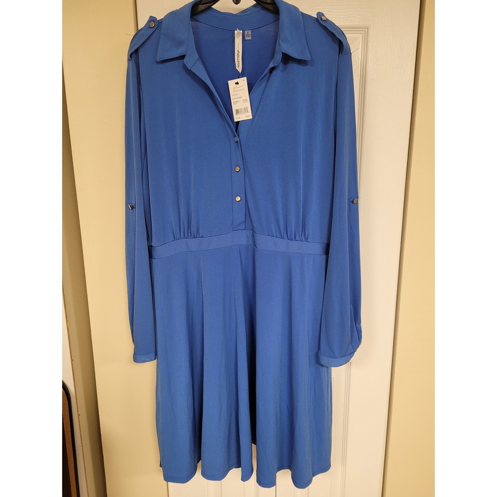 NY Collection XL Blue‎ Roll-Tab Sleeve Button Front Dress Career Casual